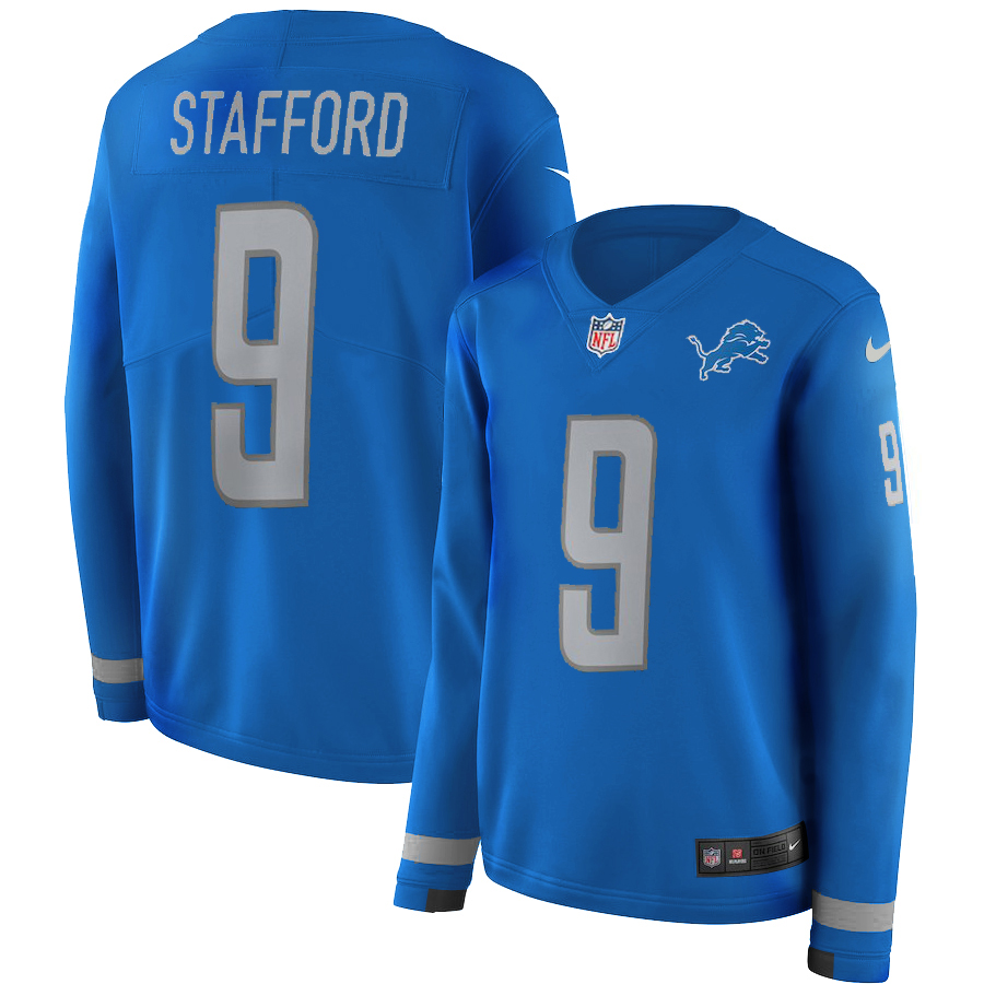 Women Detroit Lions 9 Stafford blue Limited NFL Nike Therma Long Sleeve Jersey